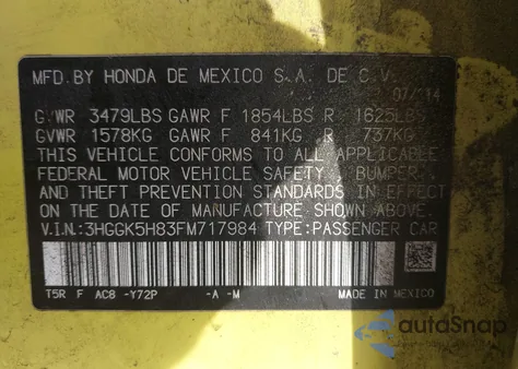 2015 Honda Fit Ex/Ex-L z USA, uszkodzony, nr VIN 3HGGK5H83FM717984